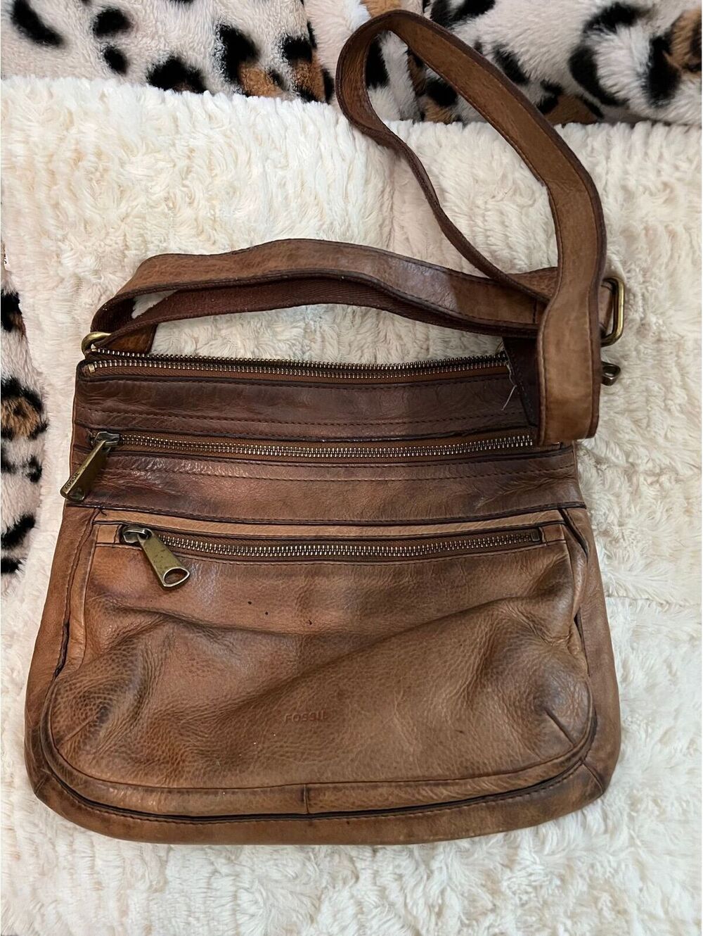 Fossil 1954 Brown Genuine Leather Multi Zip Organizer Crossbody Bag (SKU-0457)